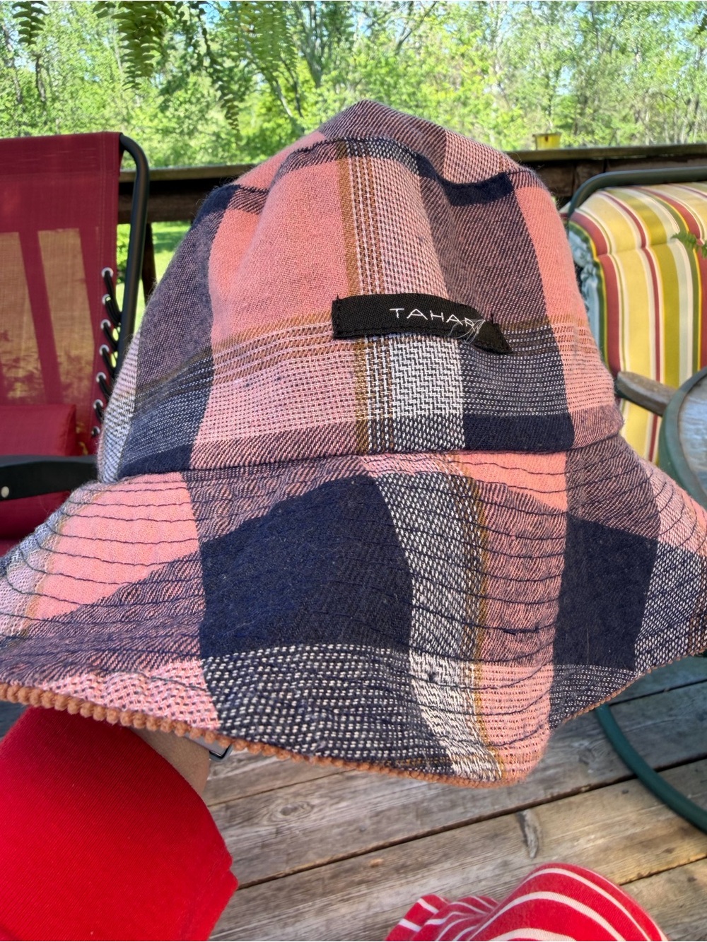 TAHARI Reversible Plaid Bucket Hat | Women’s One Size | Pink/Navy Corduroy